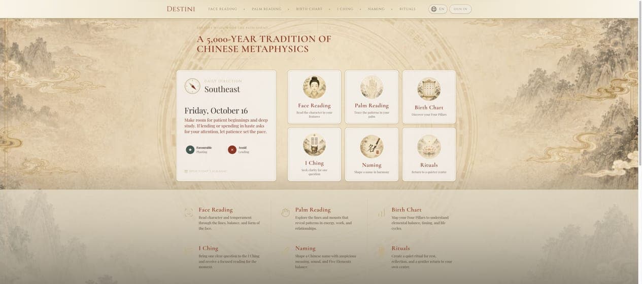 Actual Destini English website with its cultural tools, daily reflection and traditional landscape design